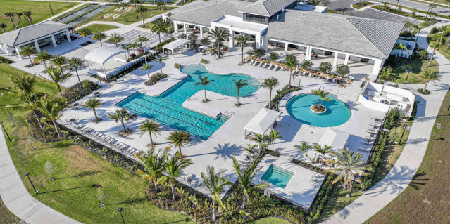 aerial photo of clubhouse and pool