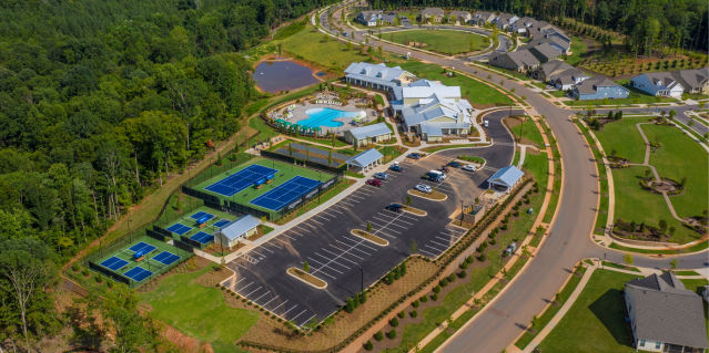 aerial photo of clubhouse and pool