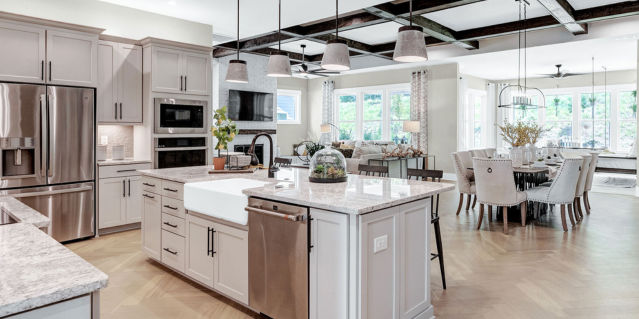 interior of a home, overlooking the island kitchen and great room