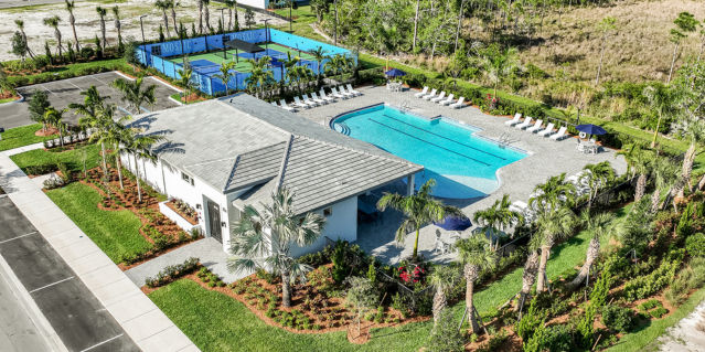 aerial of clubhouse and pickleball courts