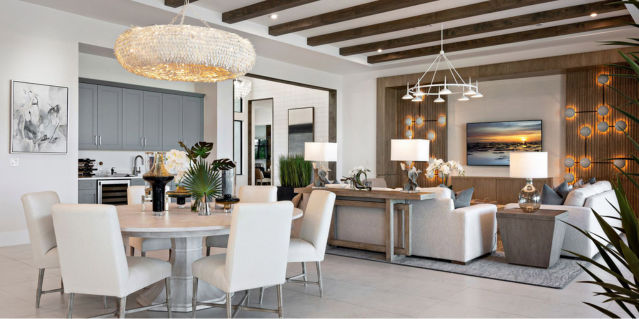 interior of great room, dining room, and island kitchen